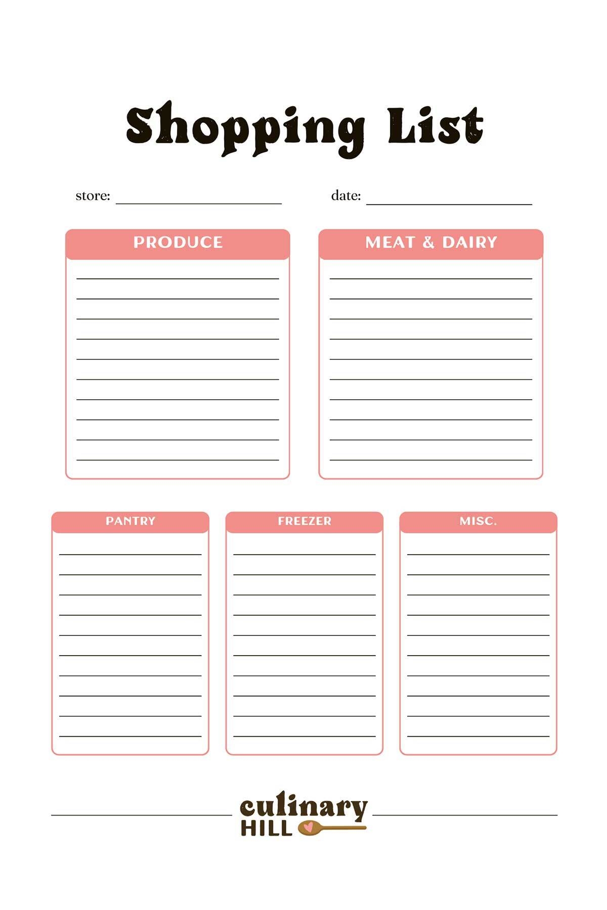 grocery list printable free