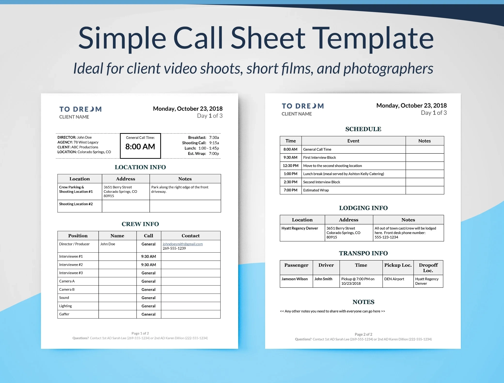 Simple Call Sheet Template SetHero