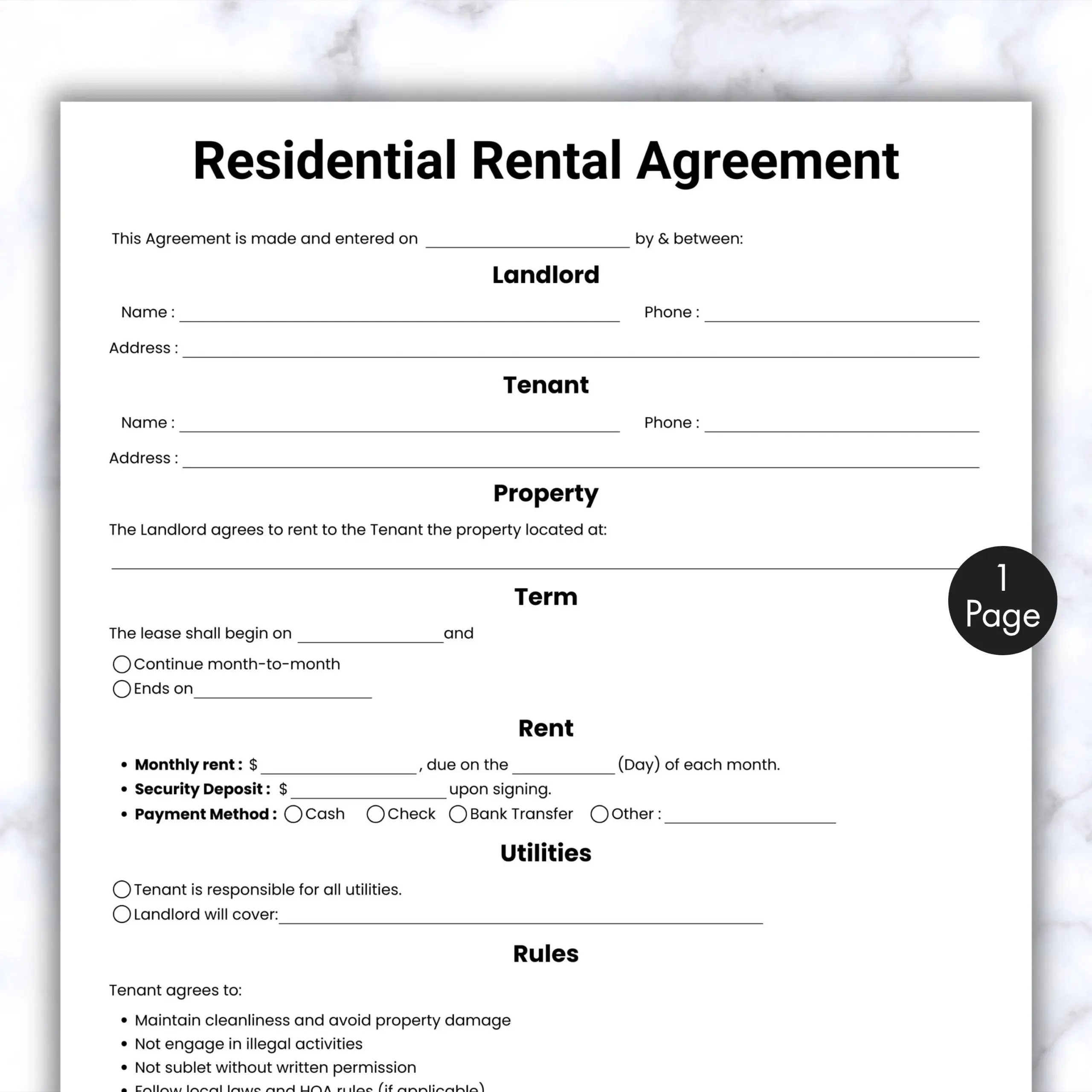 Simple Residential Rental Agreement One Page Rental Agreement Template Printable Editable Residential Housing Agreement Landlord Form Etsy