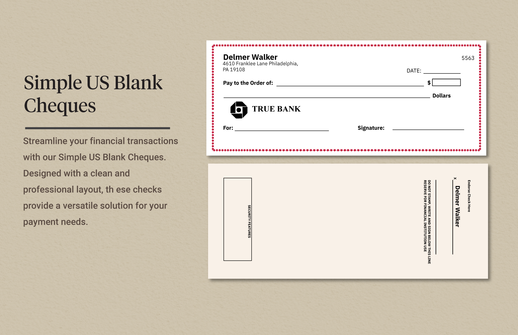 Simple US Blank Cheques In Illustrator Word PSD Download Template