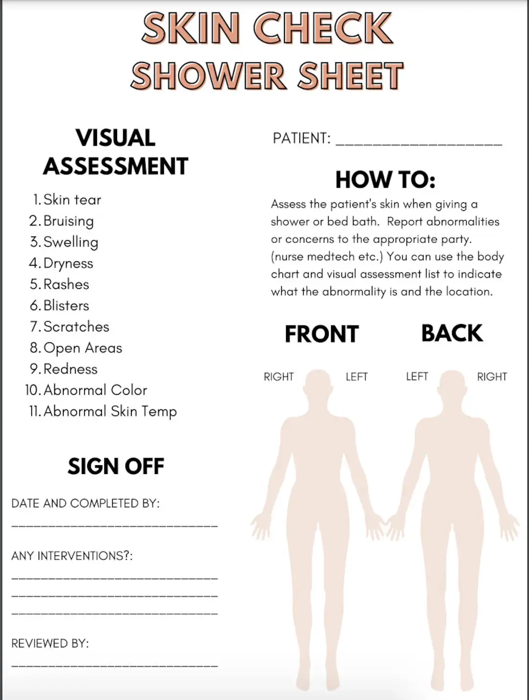 Skin And Shower Assessment Sheet For Healthcare digital Download Etsy