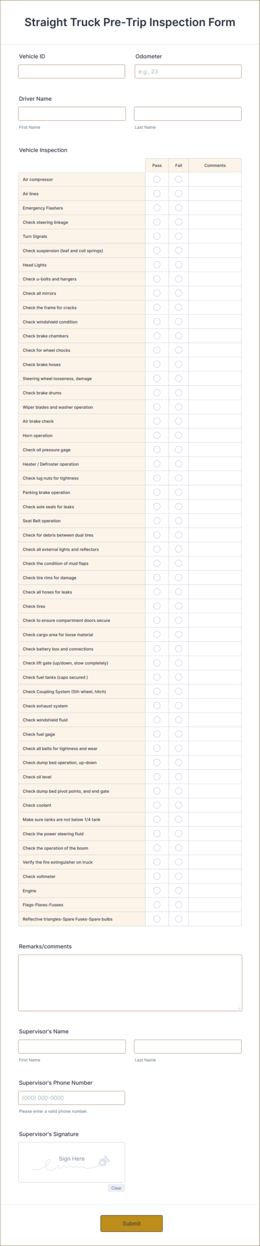 Straight Truck Pre Trip Inspection Form Template Jotform