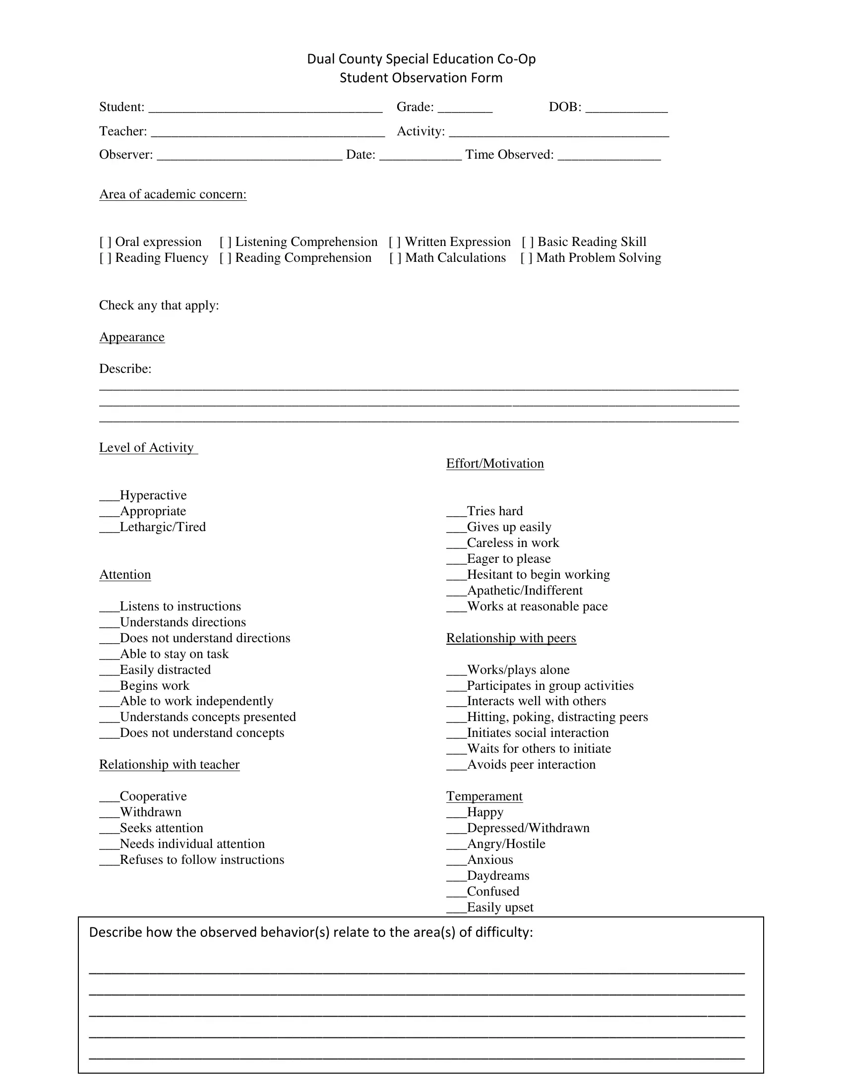 Student Observation Form Fill Out Printable PDF Forms