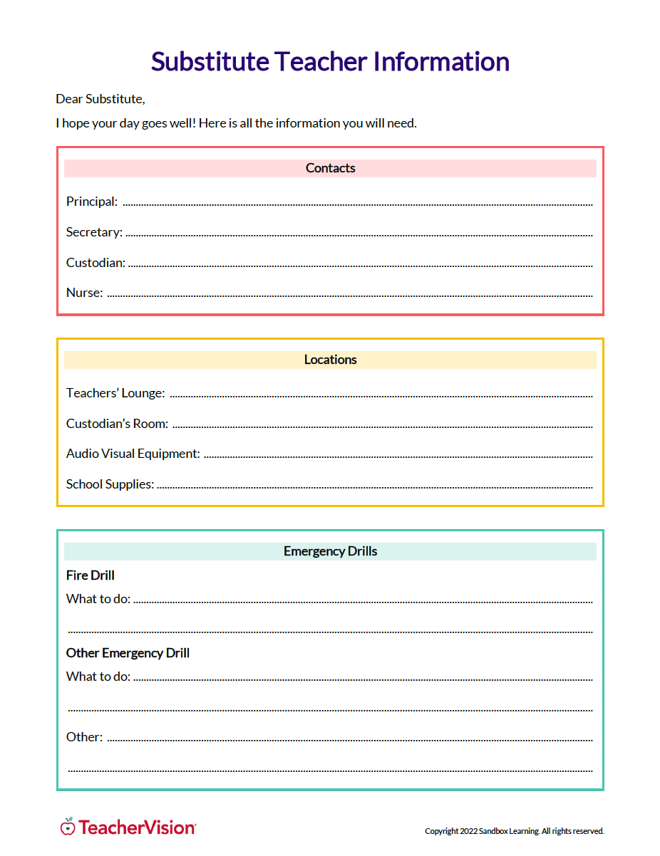 Substitute Teacher Plan Templates TeacherVision