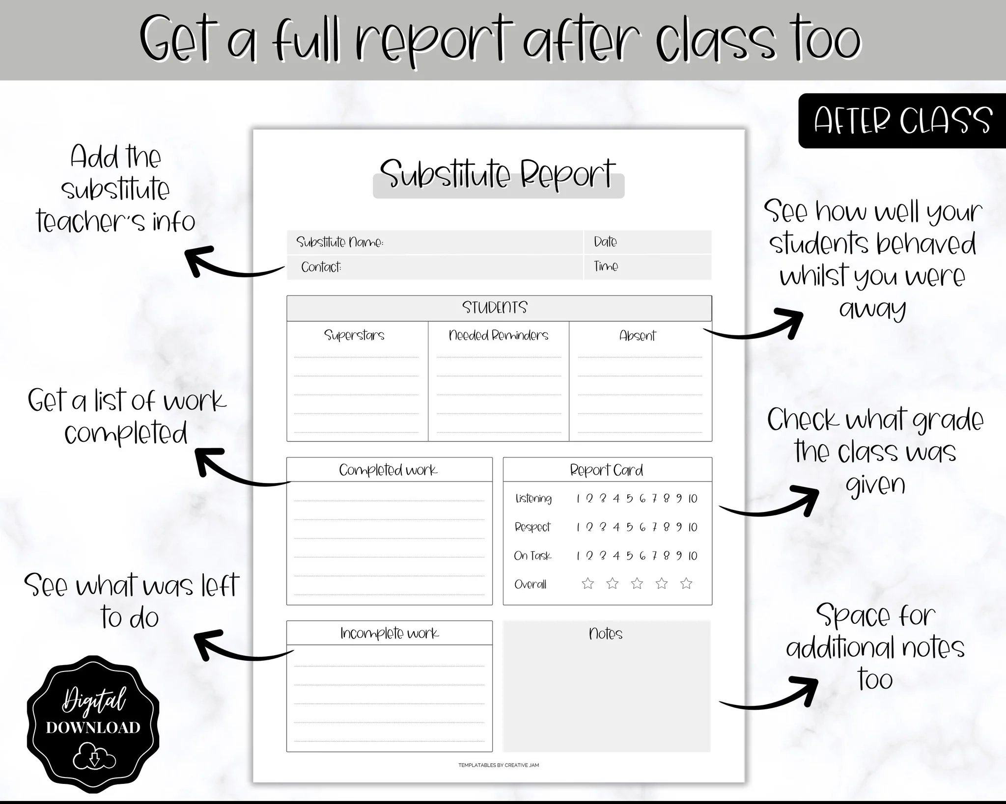 Substitute Teacher Printable Template Teacher Note Lesson Planner
