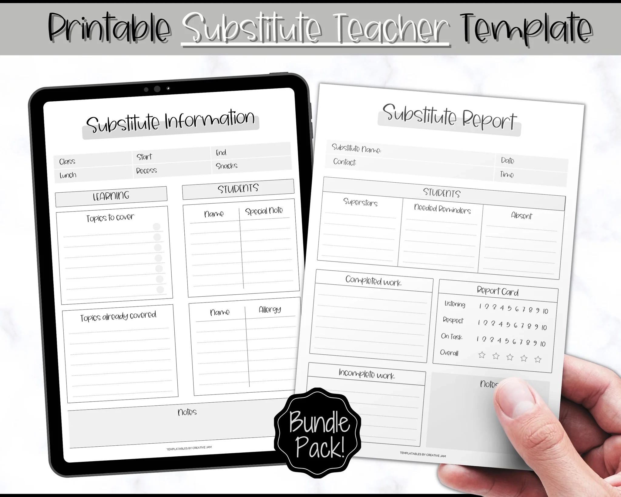 Substitute Teacher Printable Template Teacher Note Lesson Planner