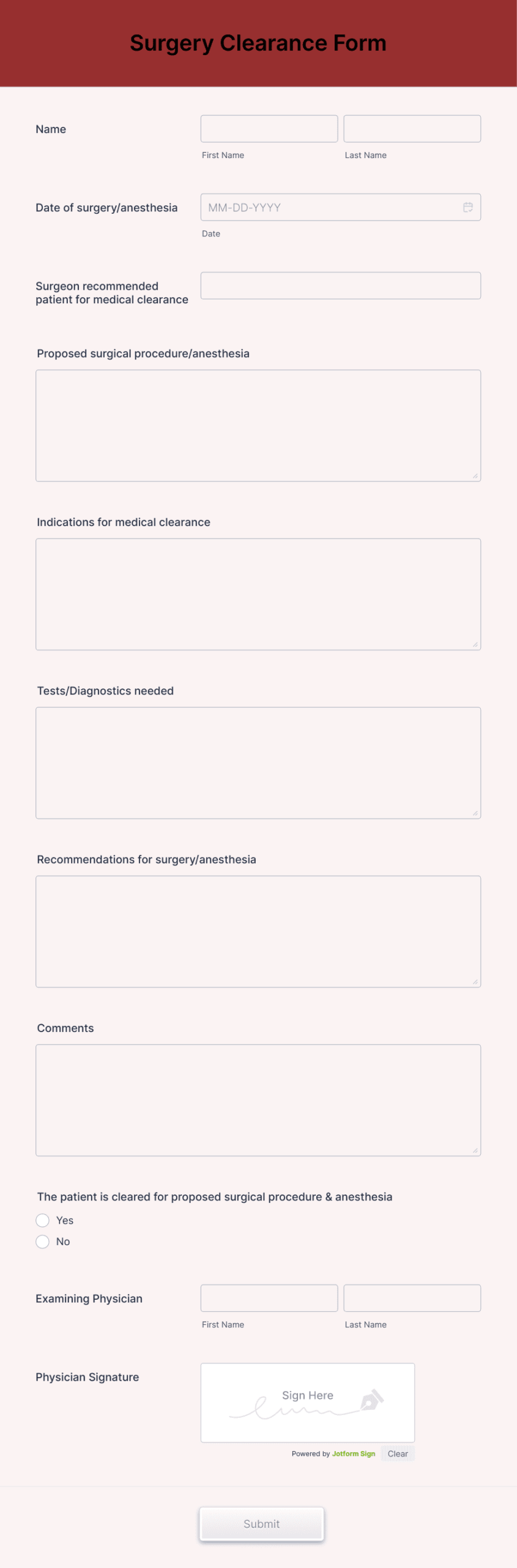 Surgery Clearance Form Template Jotform