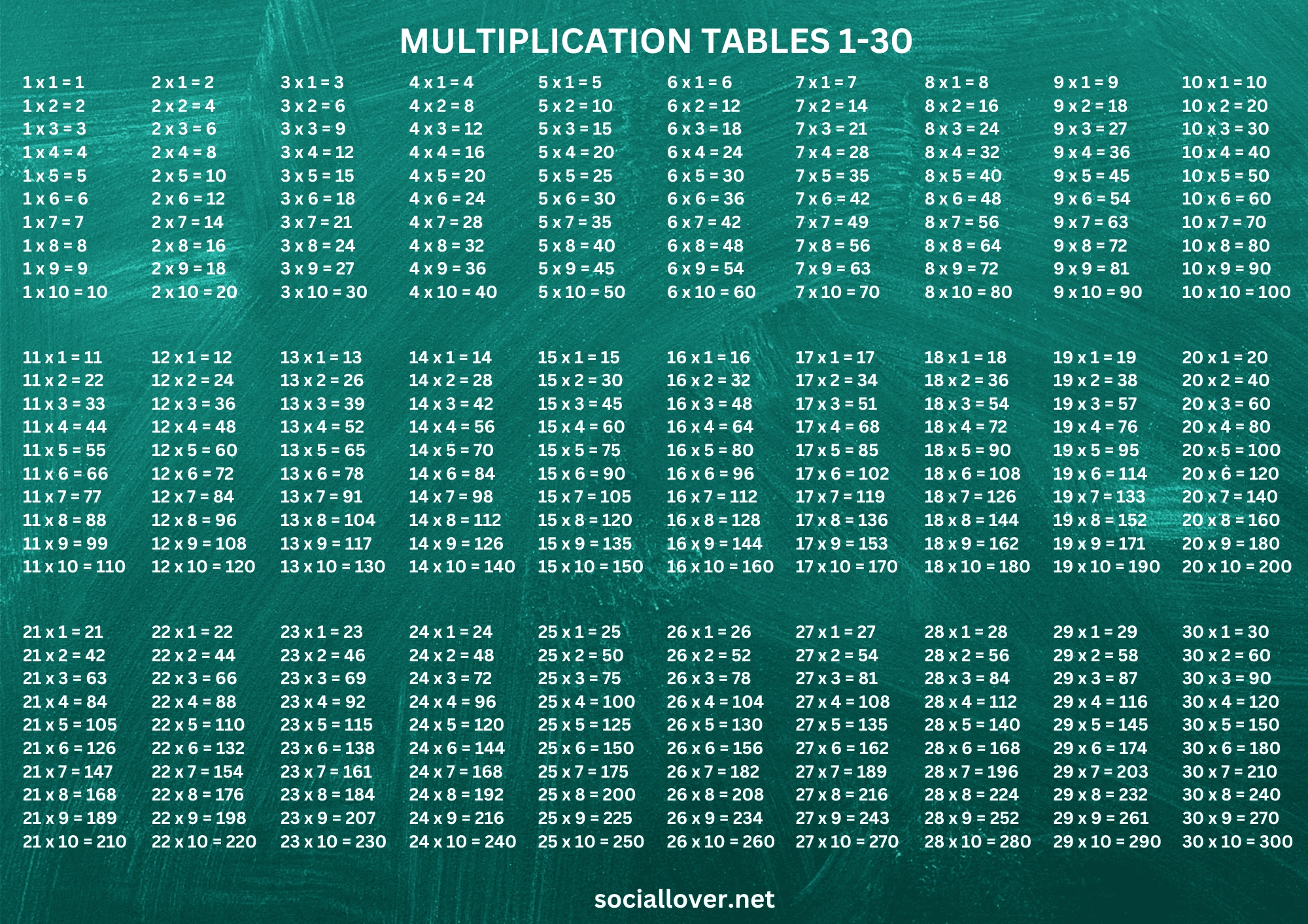 Tables From 1 To 30 Up To 30 Times 