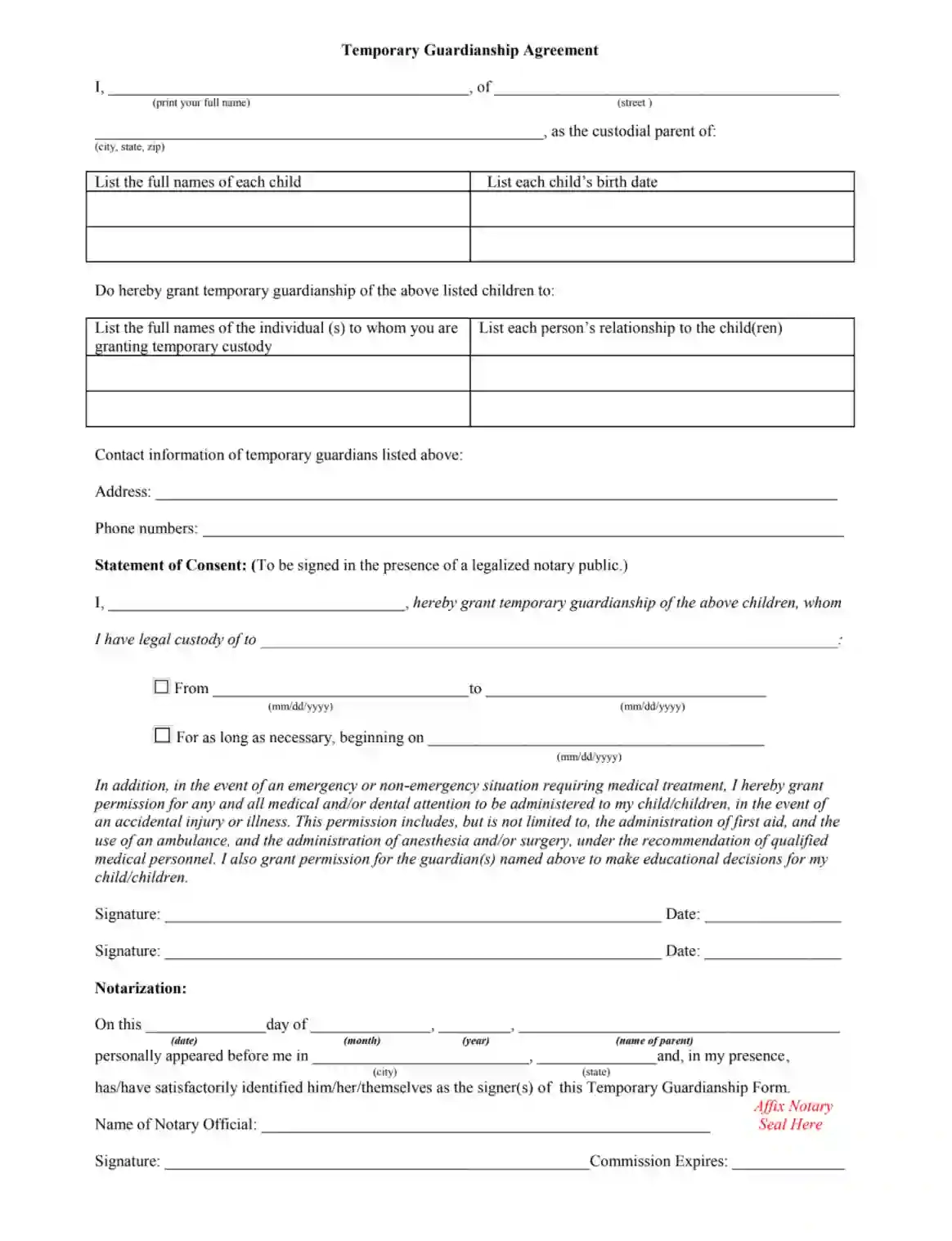 Temporary Custody Form Fill Out Printable PDF Forms Online