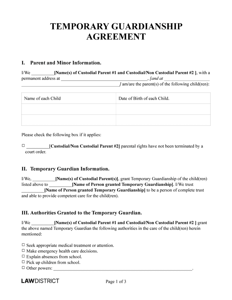 Temporary Guardianship Agreeement Free PDF Word Lawdistrict