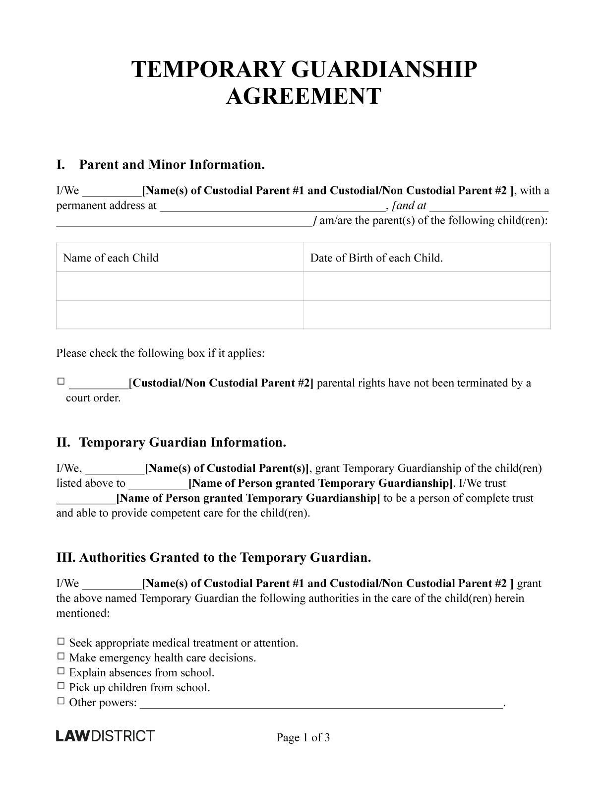 Temporary Guardianship Agreeement Free PDF Word Lawdistrict