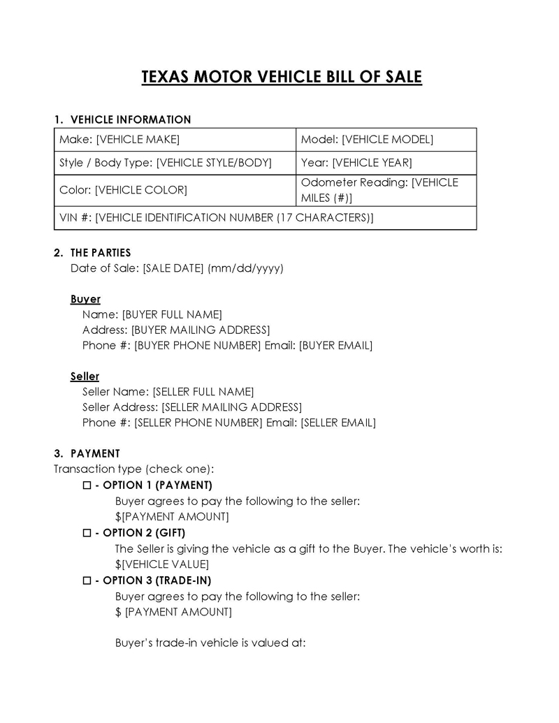 Texas Vehicle Bill Of Sale Form Free Templates PDF Word