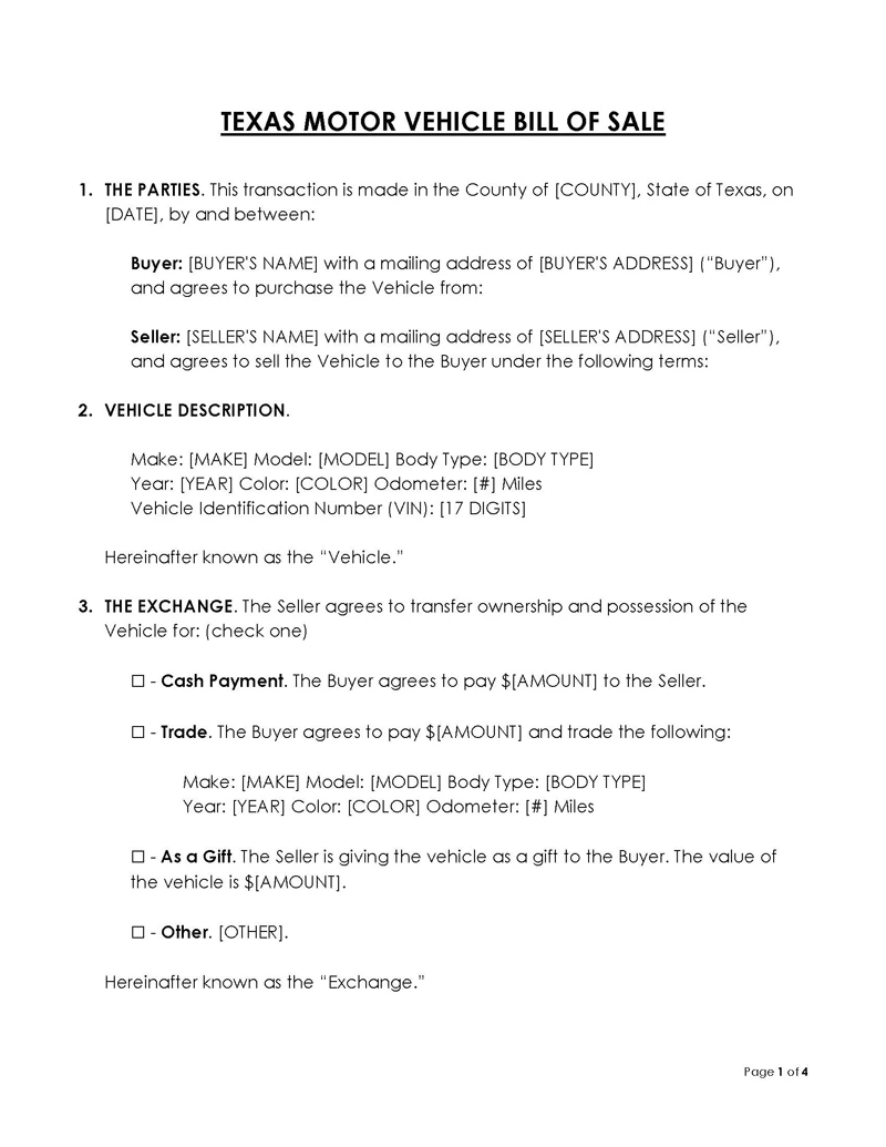 Texas Vehicle Bill Of Sale Form Free Templates PDF Word