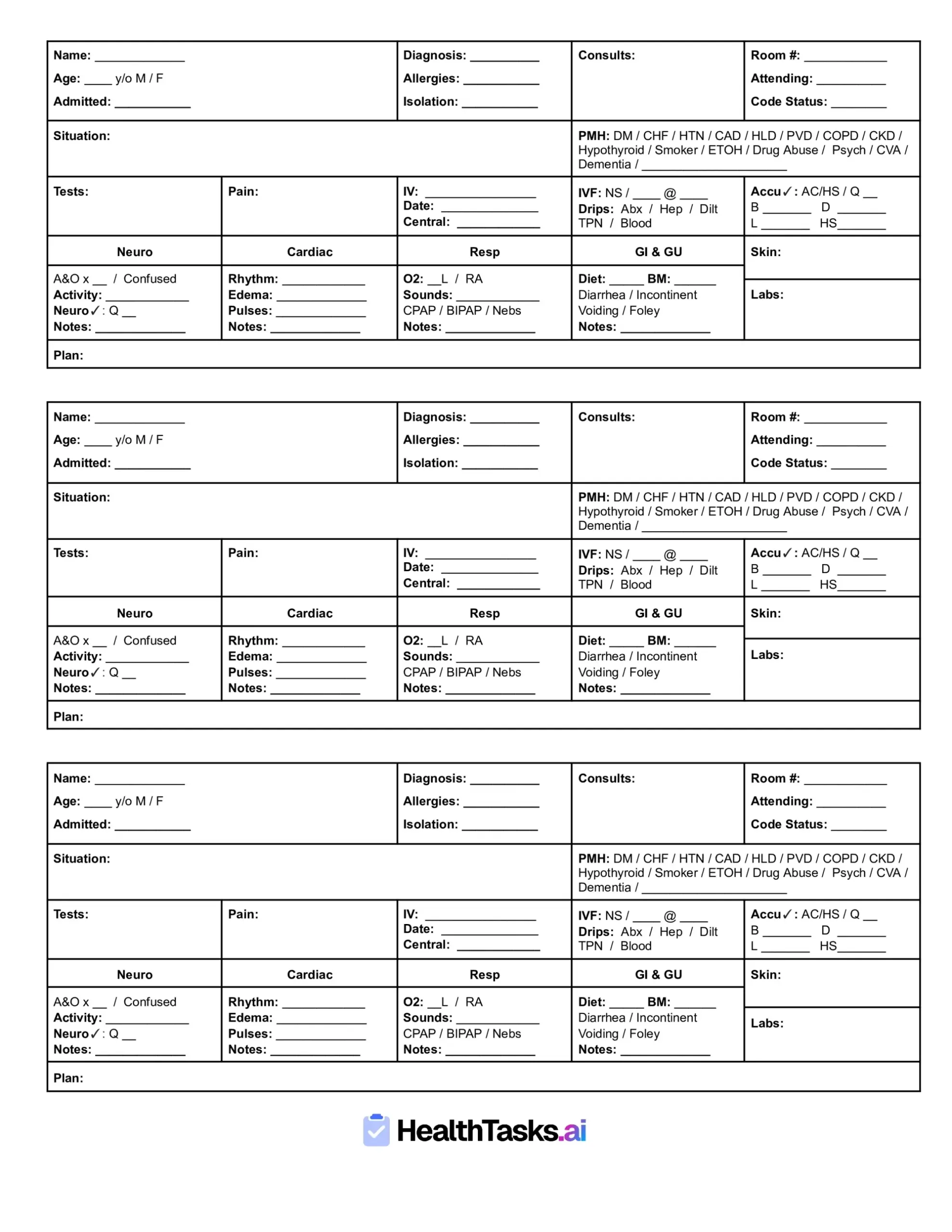 nursing report sheet template