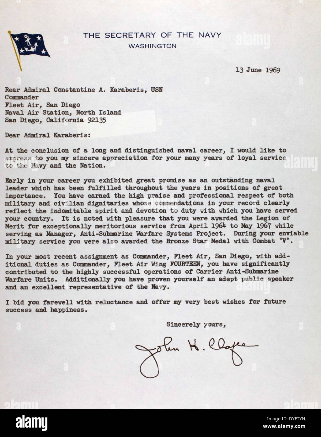 This Letter From Secretary Of The Navy John Chafee Addresses The Retirement Of Karaberis Recognizing His Service And Contributions To The U S Navy The Letter Highlights The Importance Of Karaberis Work In