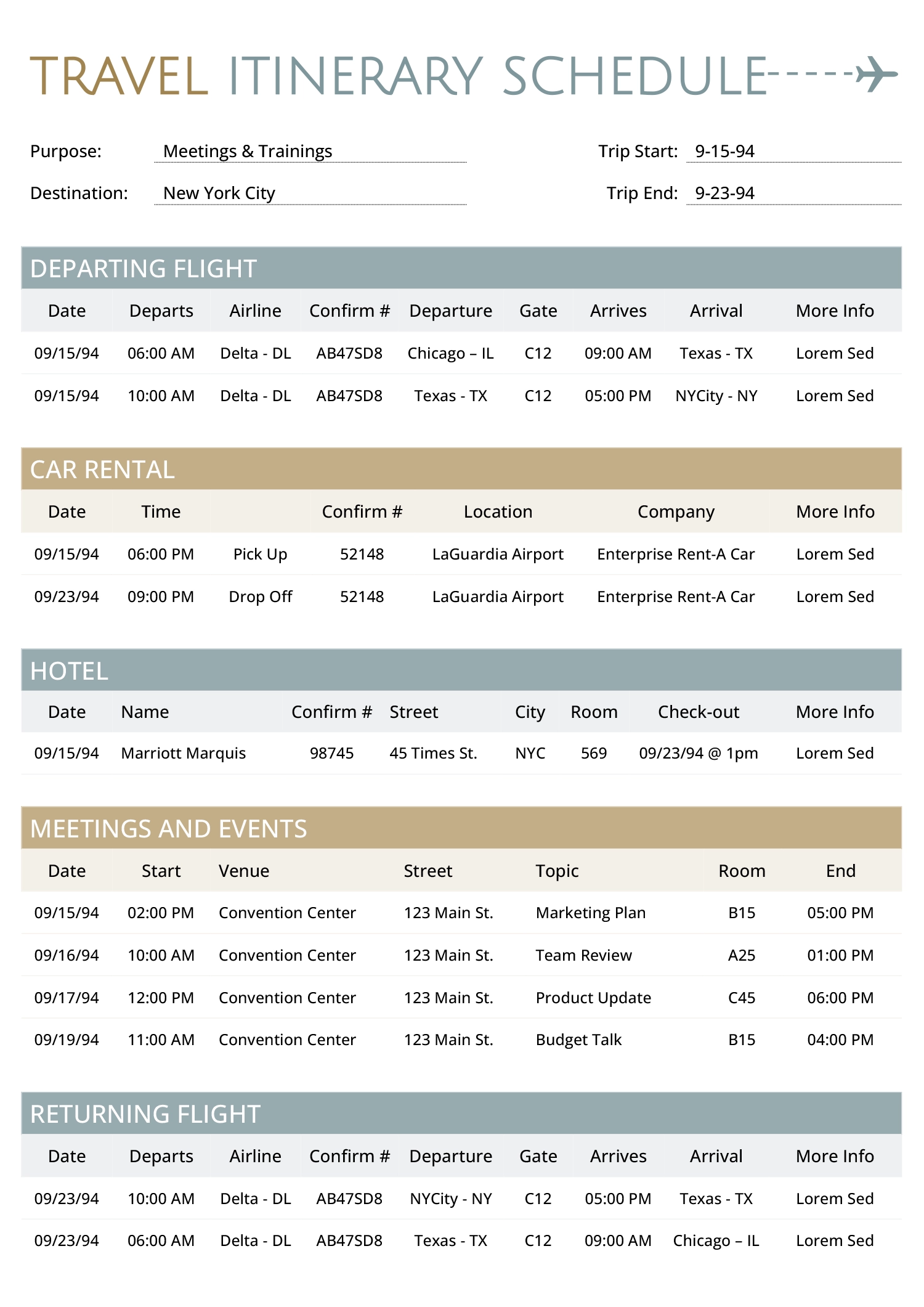 trip itinerary template word
