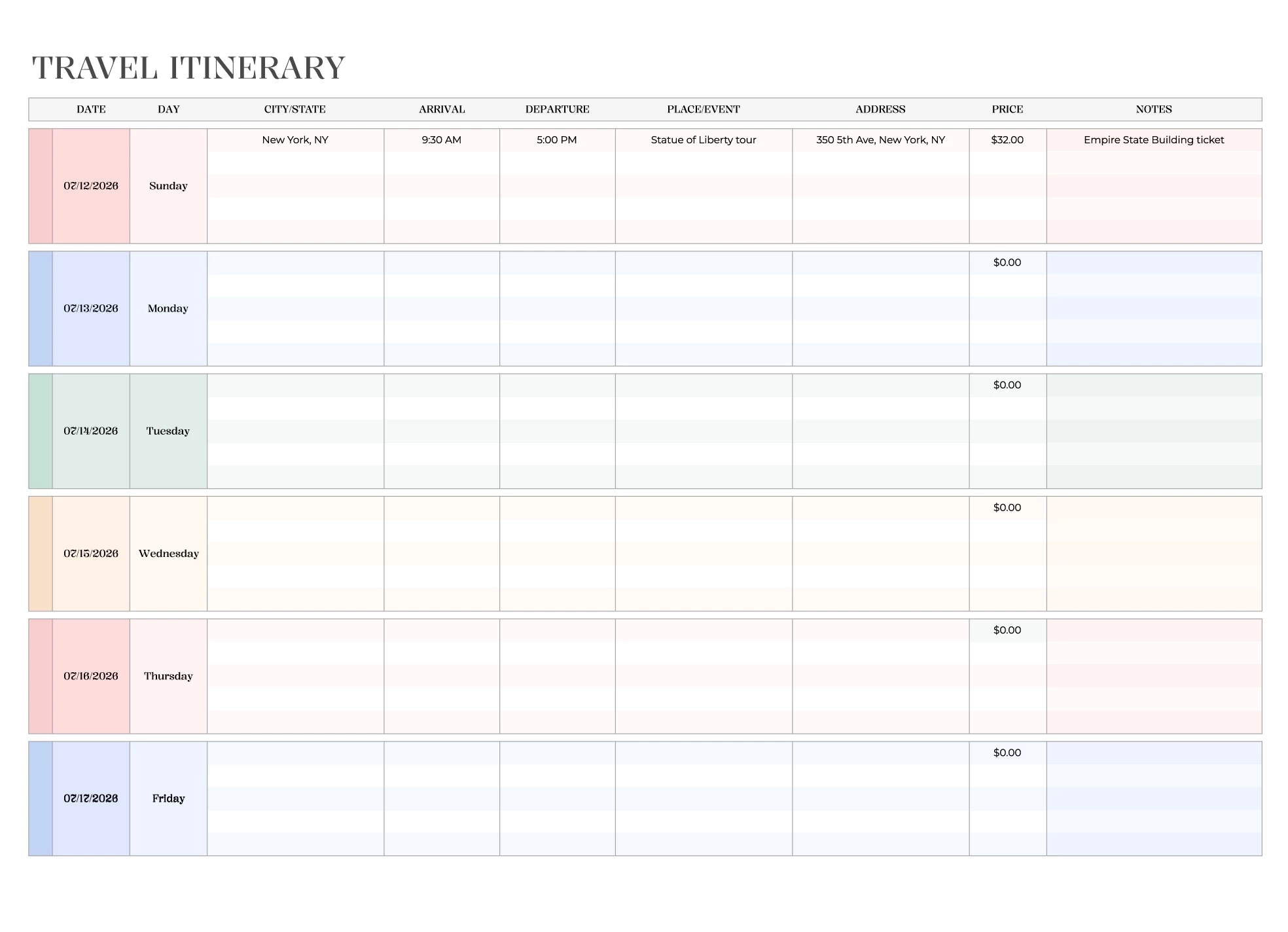 Travel Itinerary Spreadsheet Free Google Sheets Excel Template