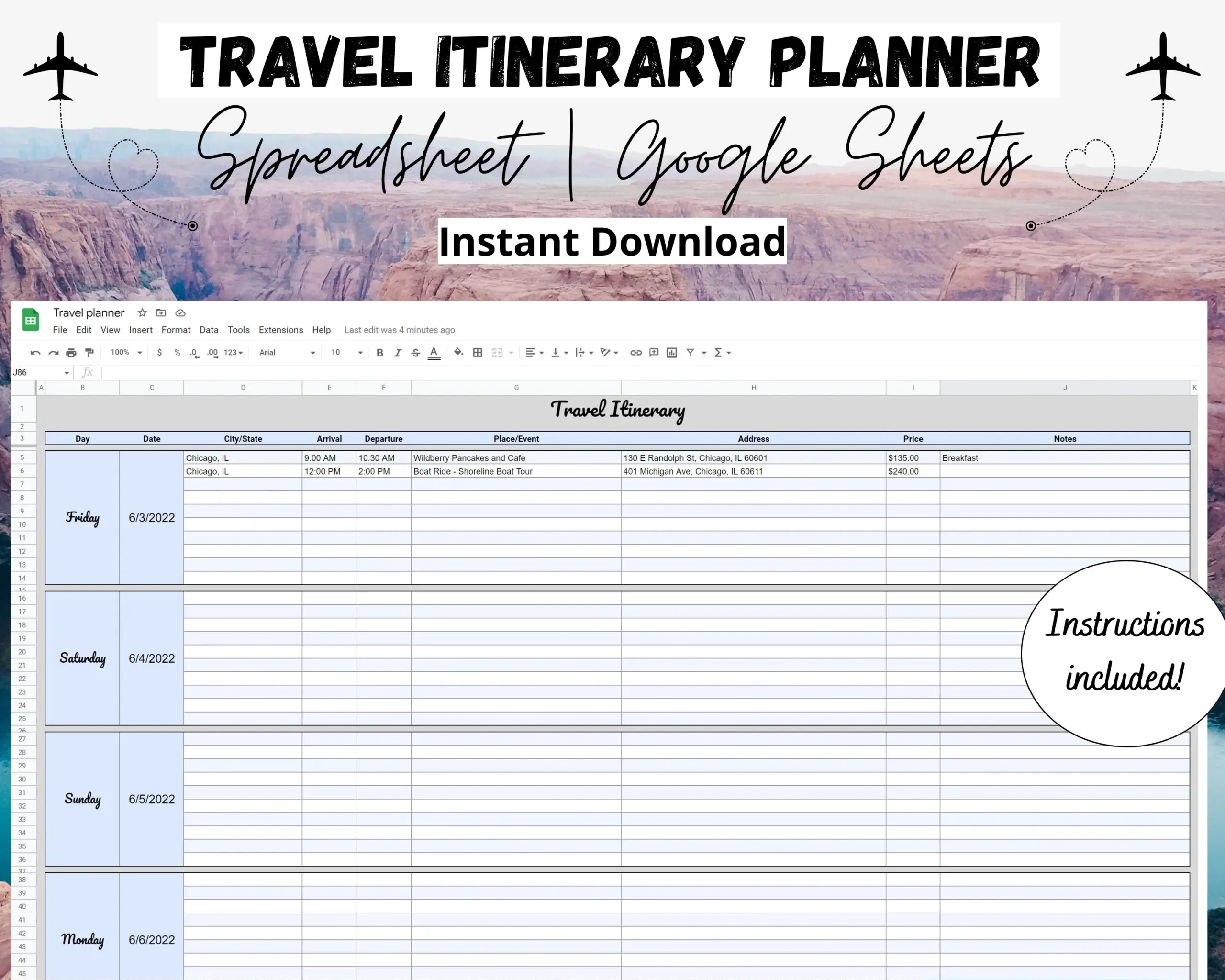 Travel Itinerary Template Google Sheets Vacation Planner Travel Planner Trip Itinerary Editable Travel Spreadsheet Family Travel Etsy