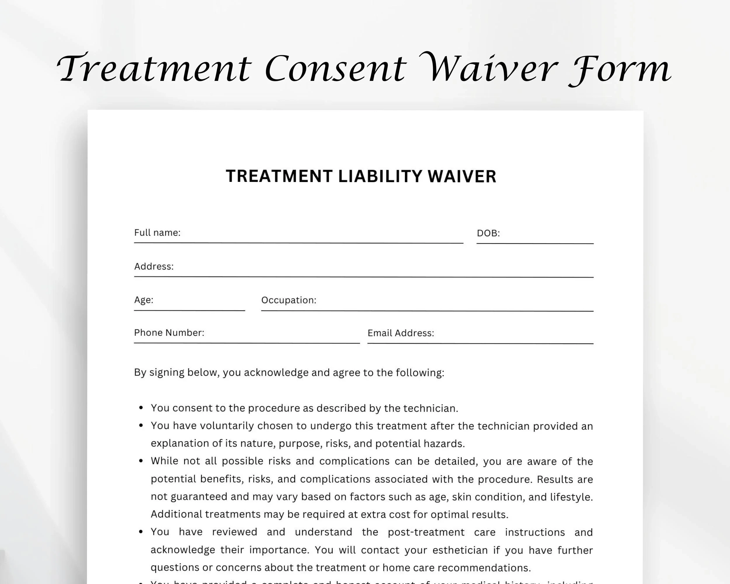 Treatment Liability Waiver Form Printable Form Editable Form Template Editable Canva Templates Etsy