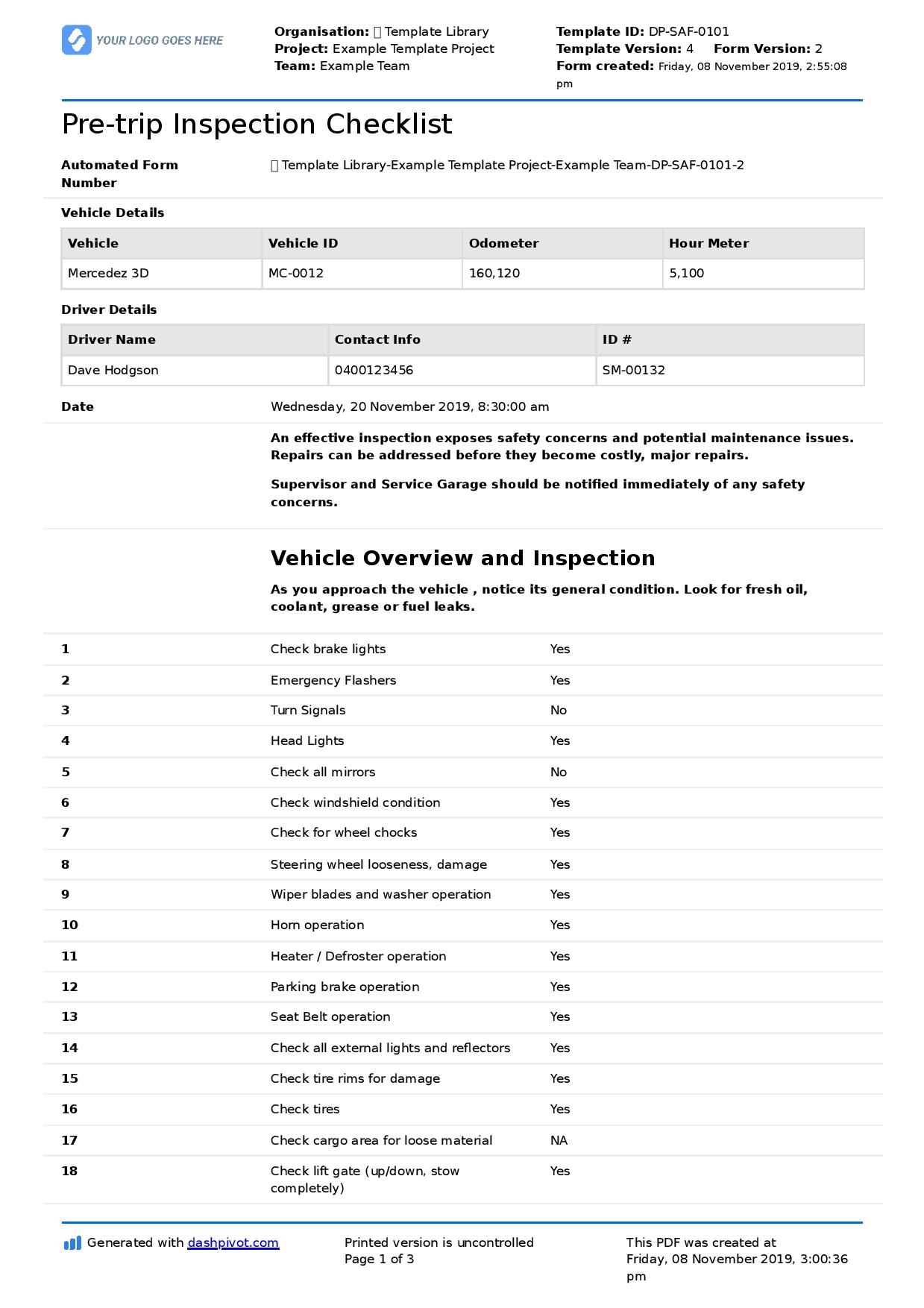 Truck Driver Pre Trip Inspection Checklist Template