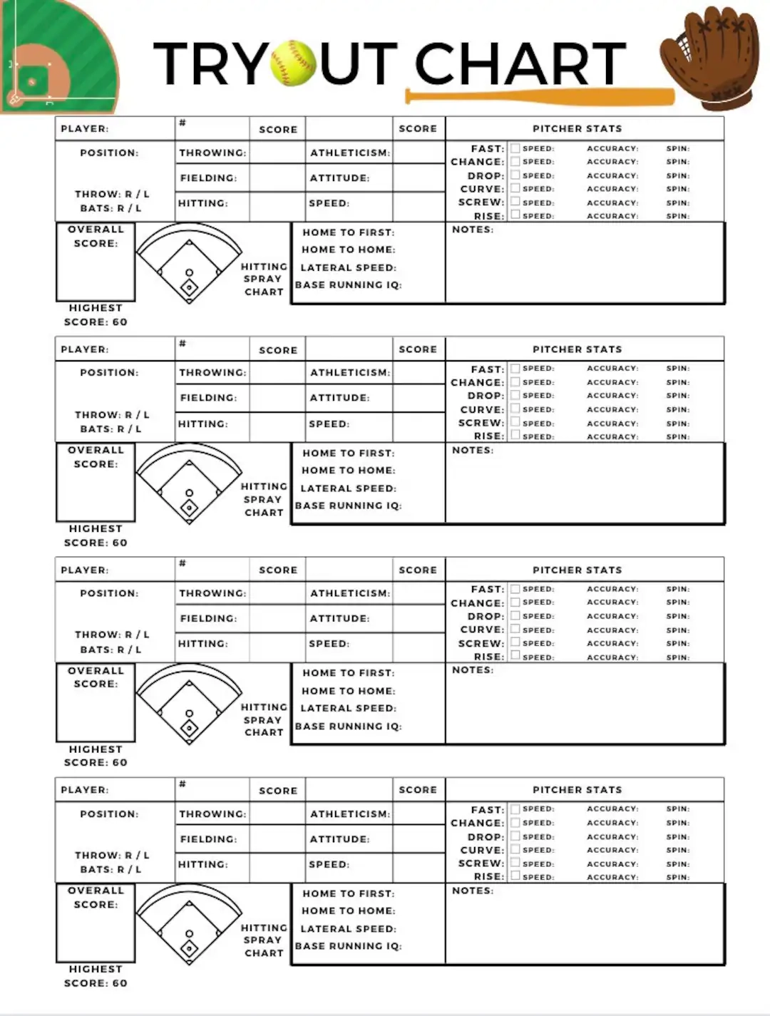 Tryout Softball Chart Etsy