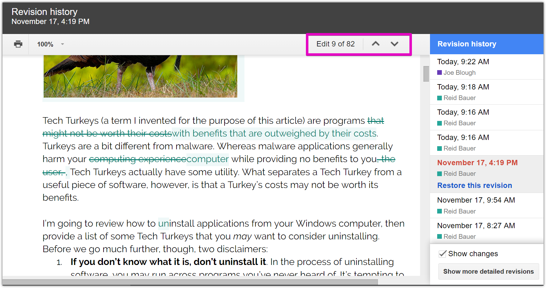 google docs edit history