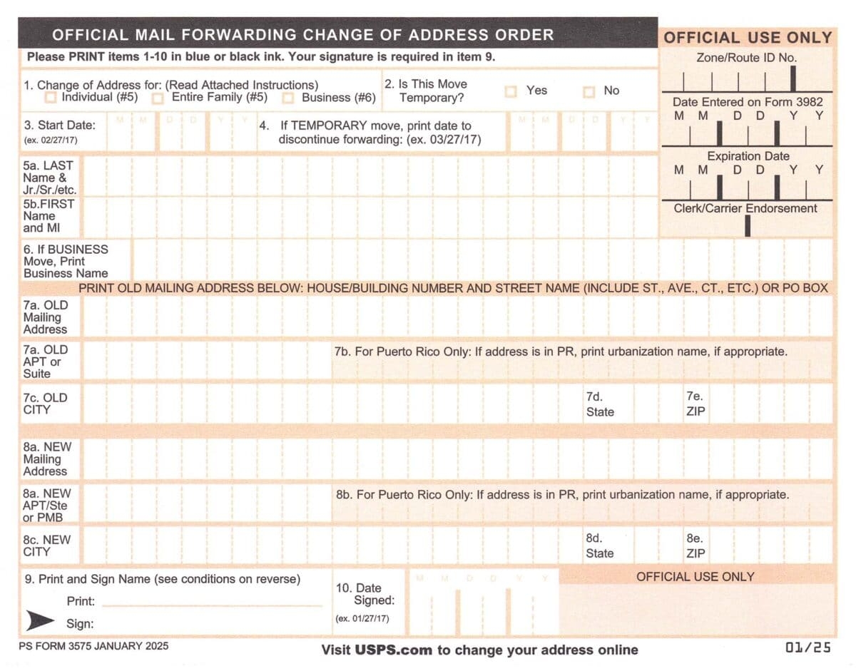 usps change of address form printable