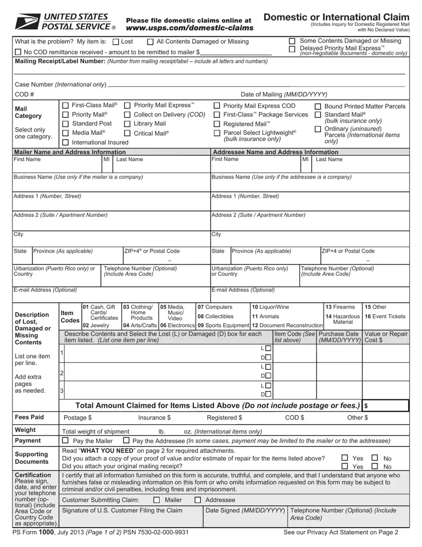 USPS Domestic Claim Fill Out Printable PDF Forms Online