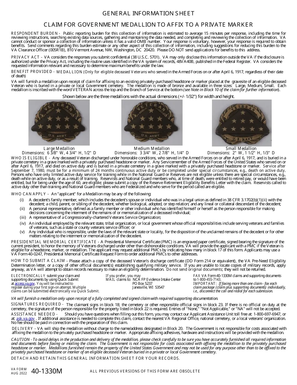 VA Form 40 1330M Download Fillable PDF Or Fill Online Claim For Government Medallion For Placement In A Private Cemetery Templateroller