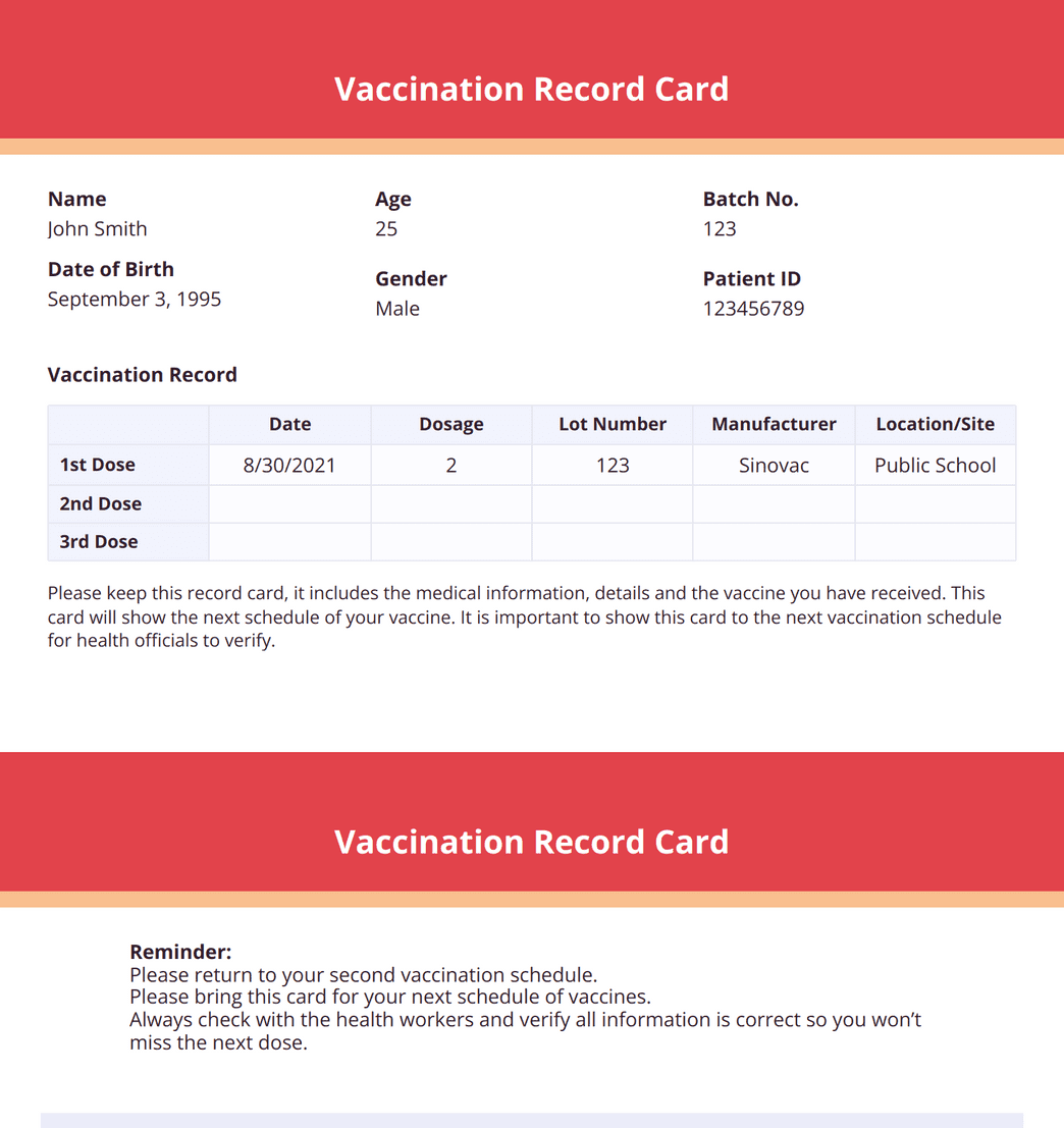 Vaccination Record Card PDF Template Jotform
