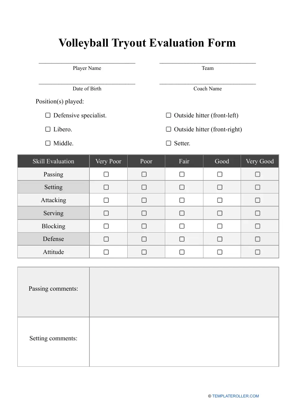 Volleyball Tryout Evaluation Form Fill Out Sign Online And Download PDF Templateroller