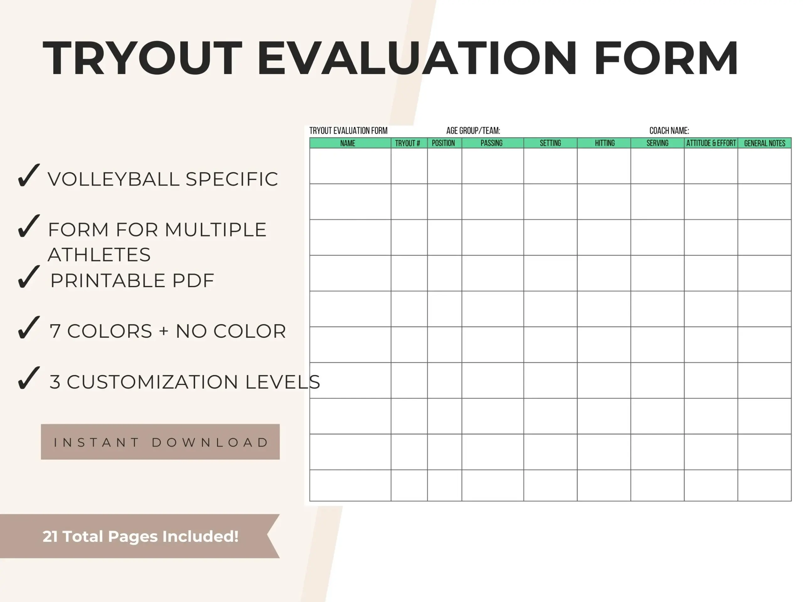 Volleyball Tryout Group Evaluation Form Printable PDF Instant Download 10 Players Per Page For High School Middle School Club Coach Etsy