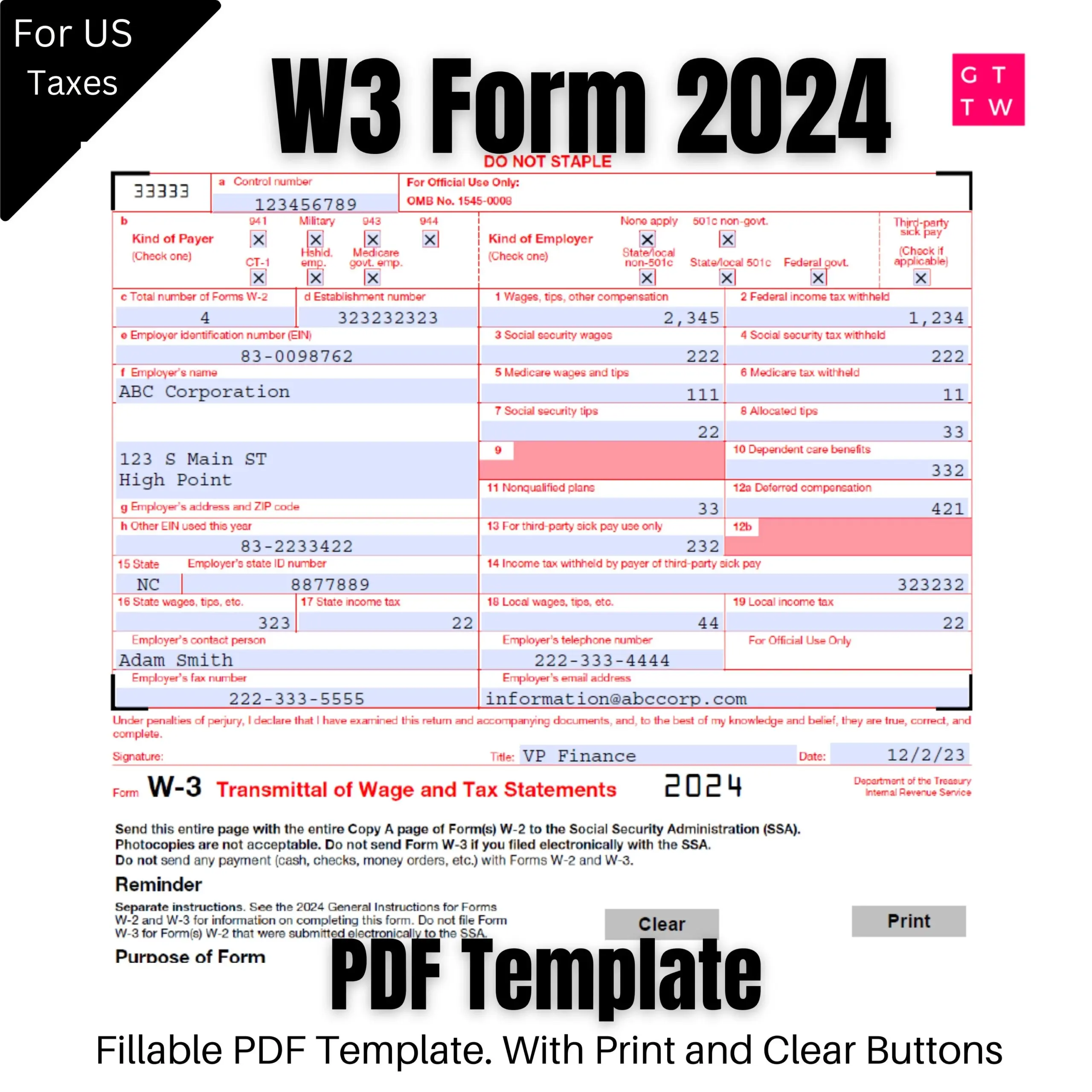 W3 Form IRS 2024 Fillable PDF Etsy