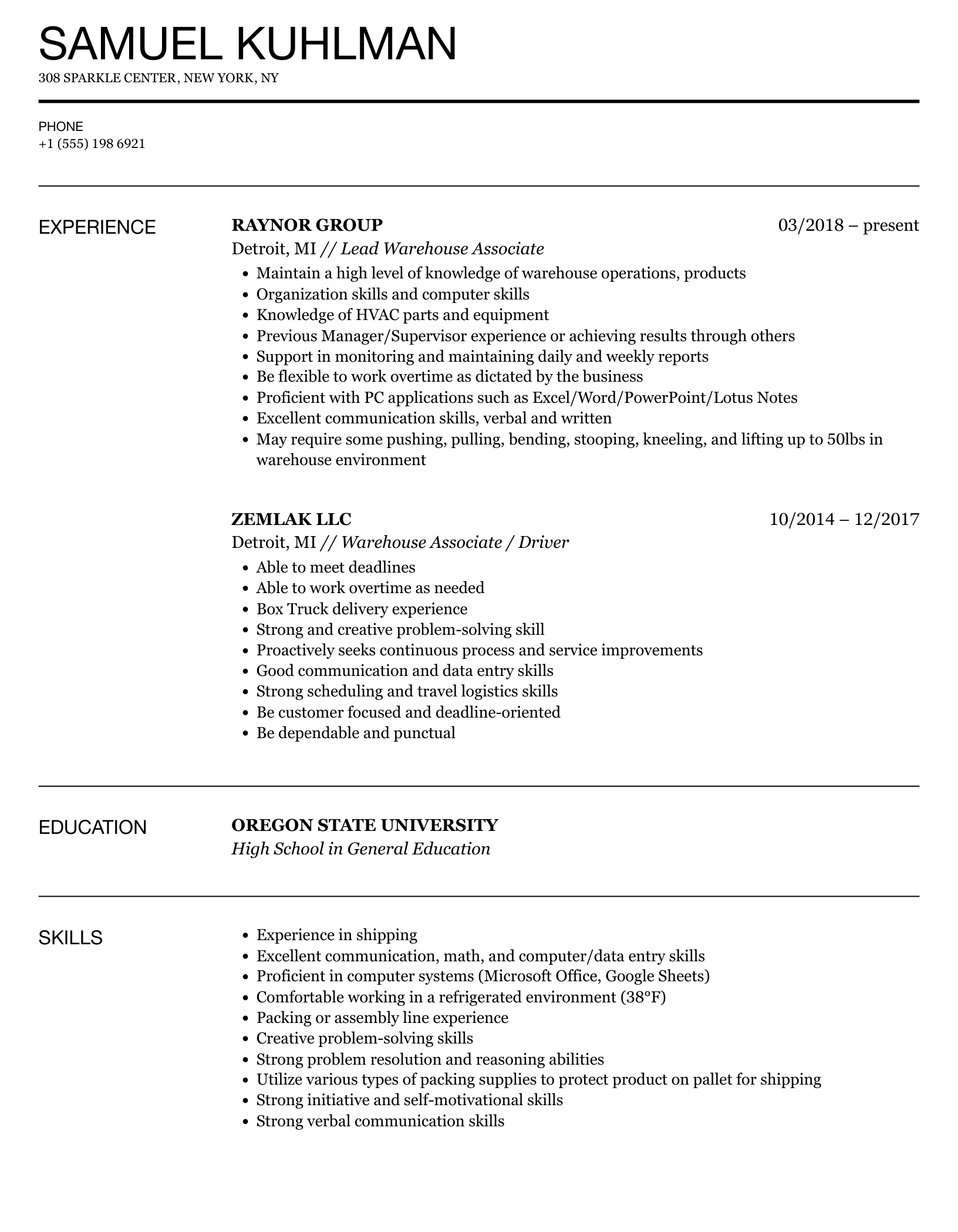 warehouse associate resume sample