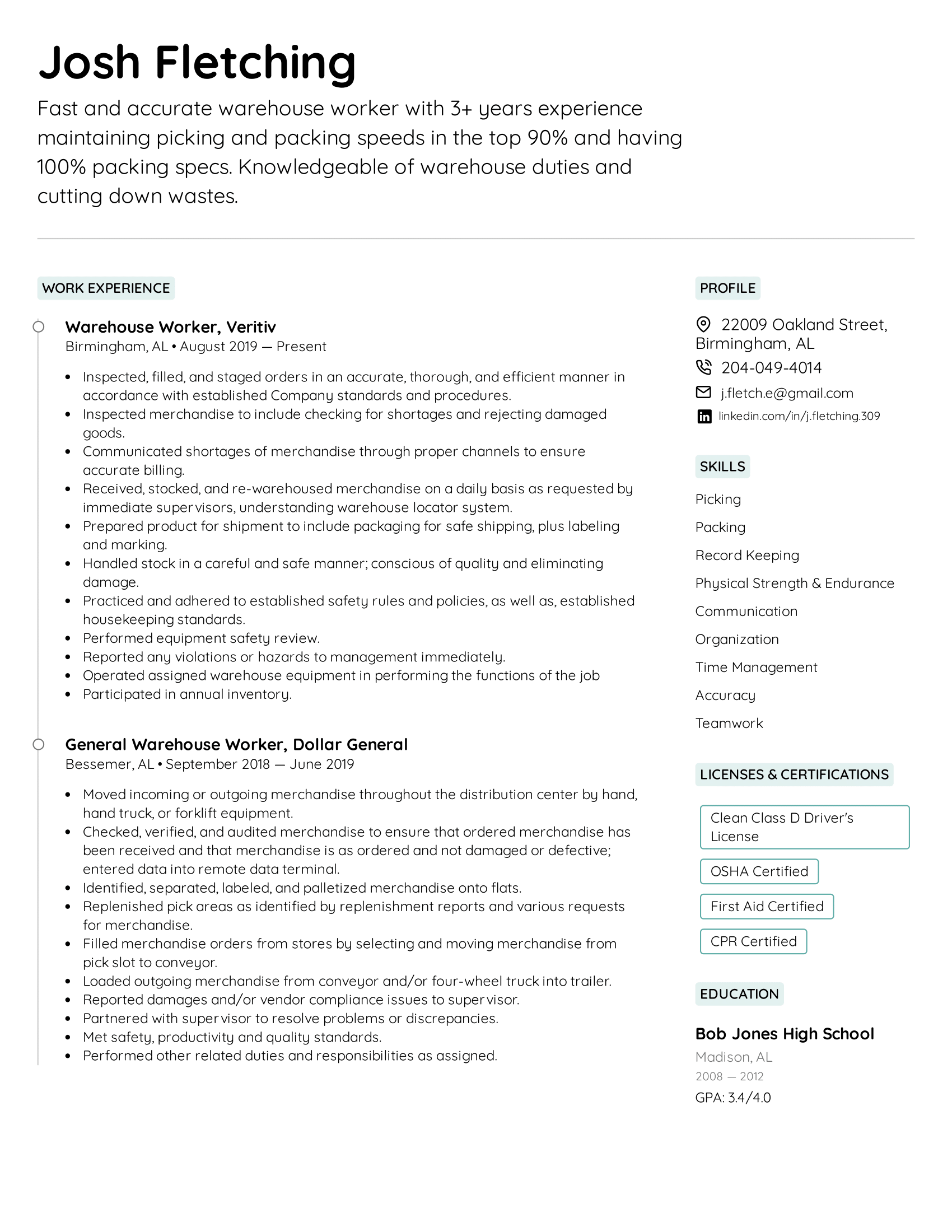 Warehouse Worker Resume Example Writing Tips For 2025