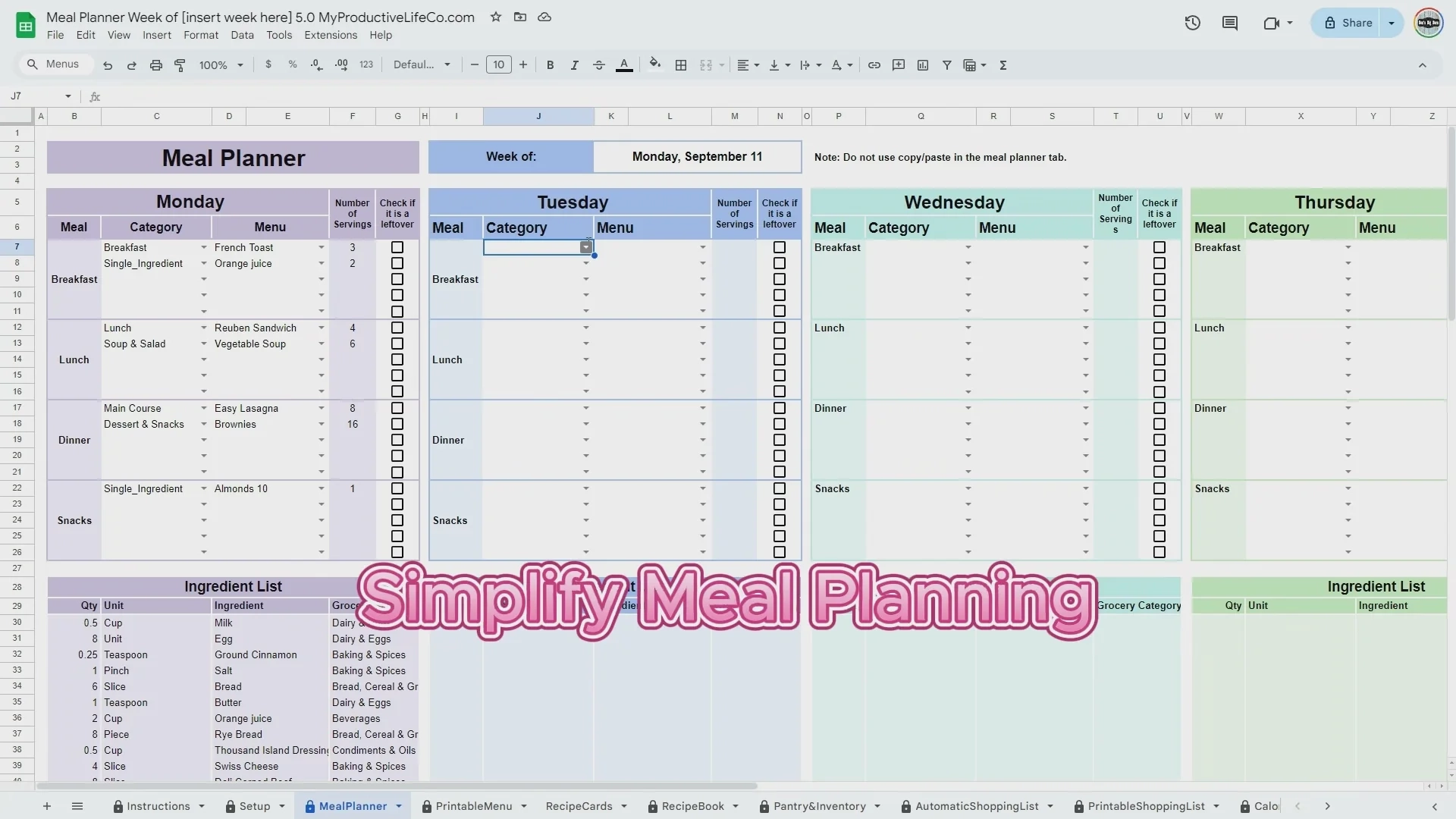 Weekly Meal Planner Spreadsheet Google Sheets And Excel Template