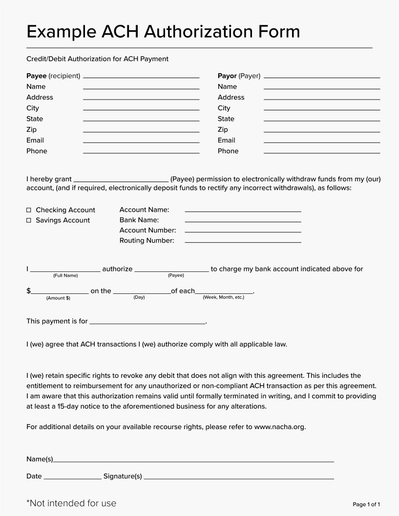 printable blank ach authorization form template