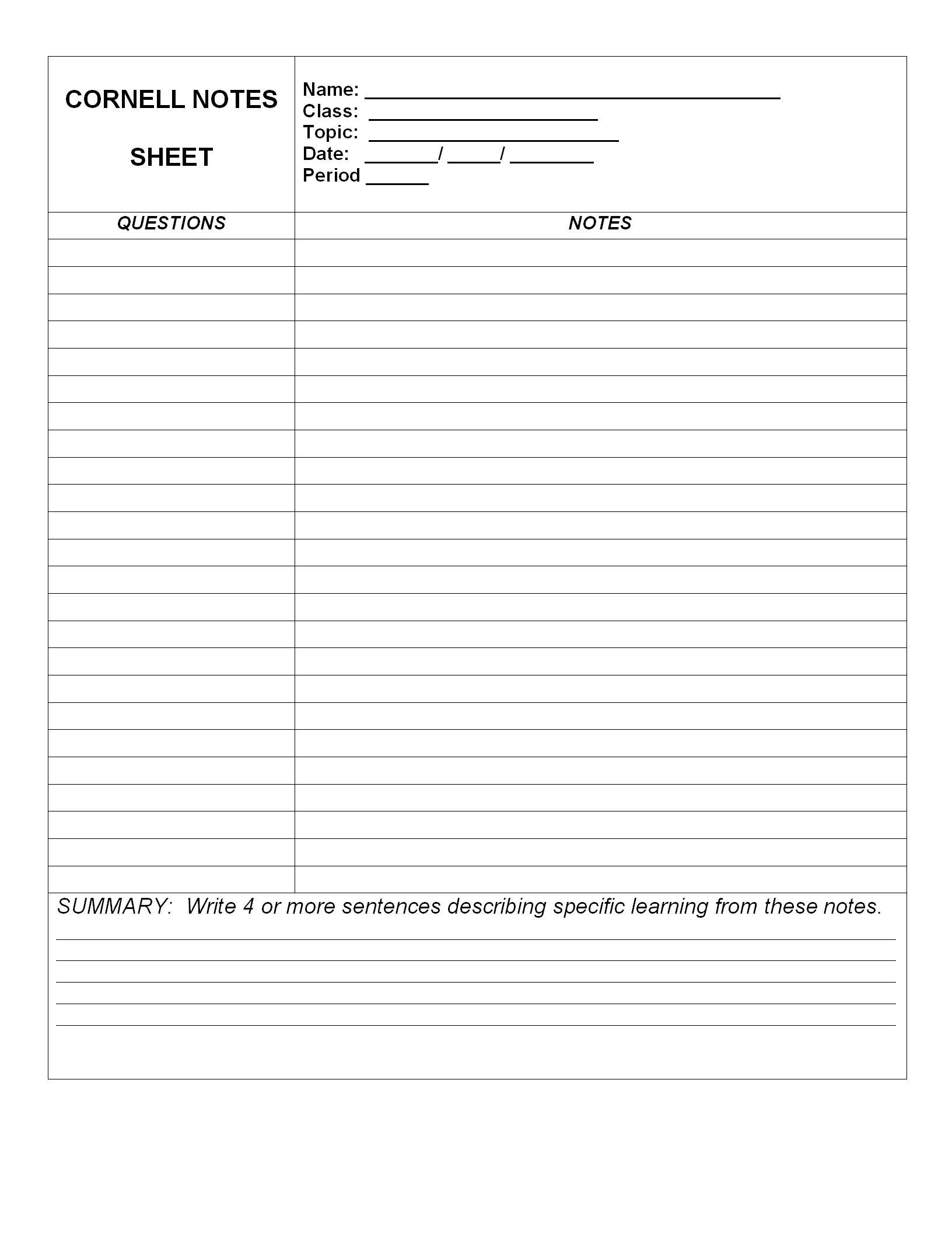 WORD Of Cornell Notes Sheet doc WPS Free Templates