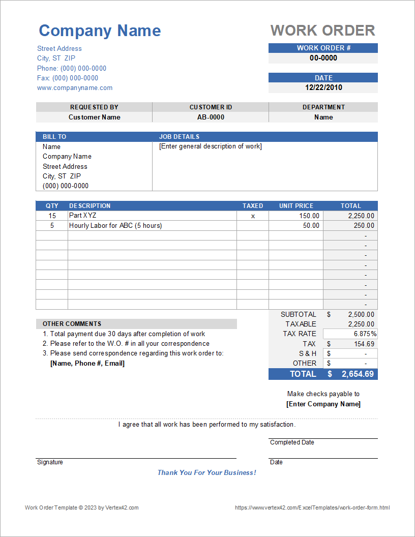 free printable work order forms