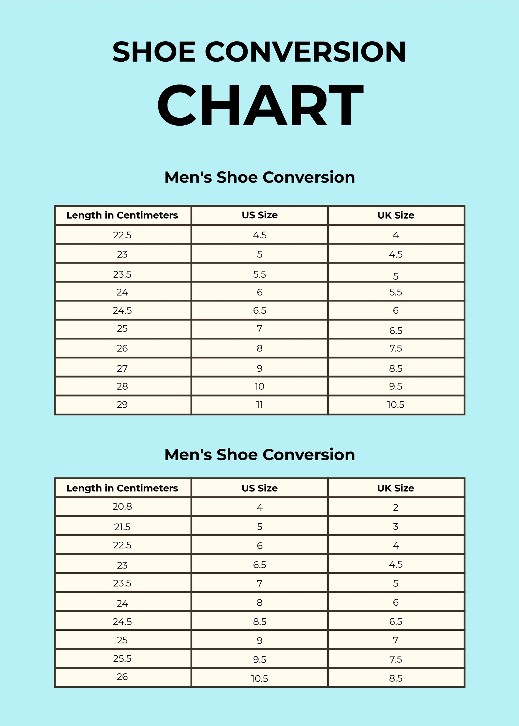 shoe size printable chart